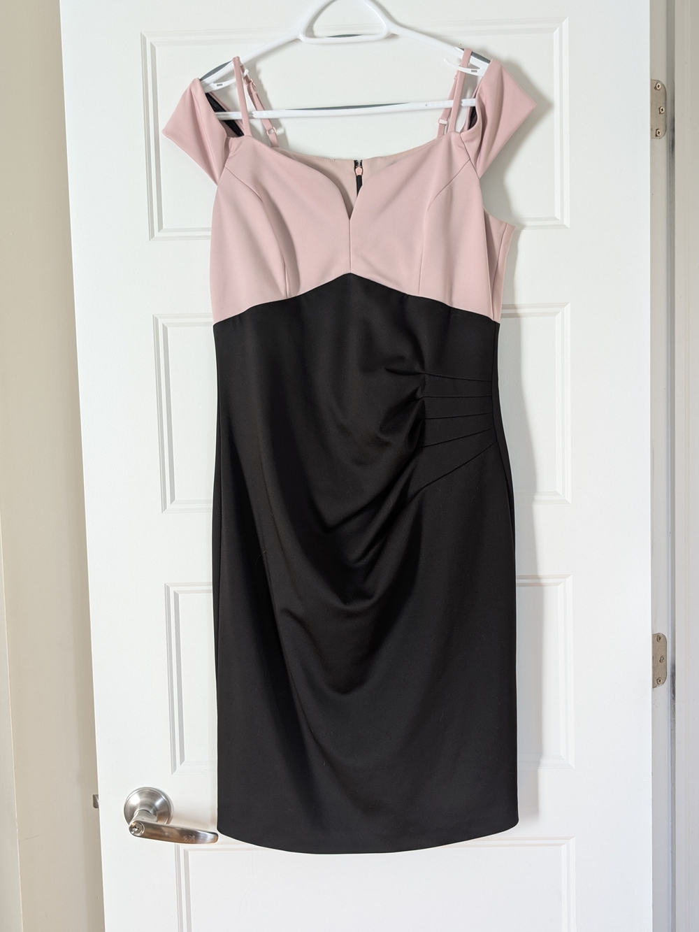 le chateau Blush Pink and Black Off-Shoulder Sheath Dress